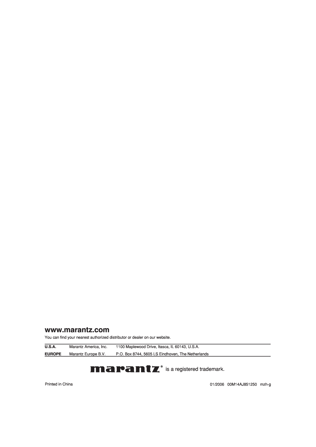 Marantz PM7001 manual is a registered trademark, U.S.A, Europe 