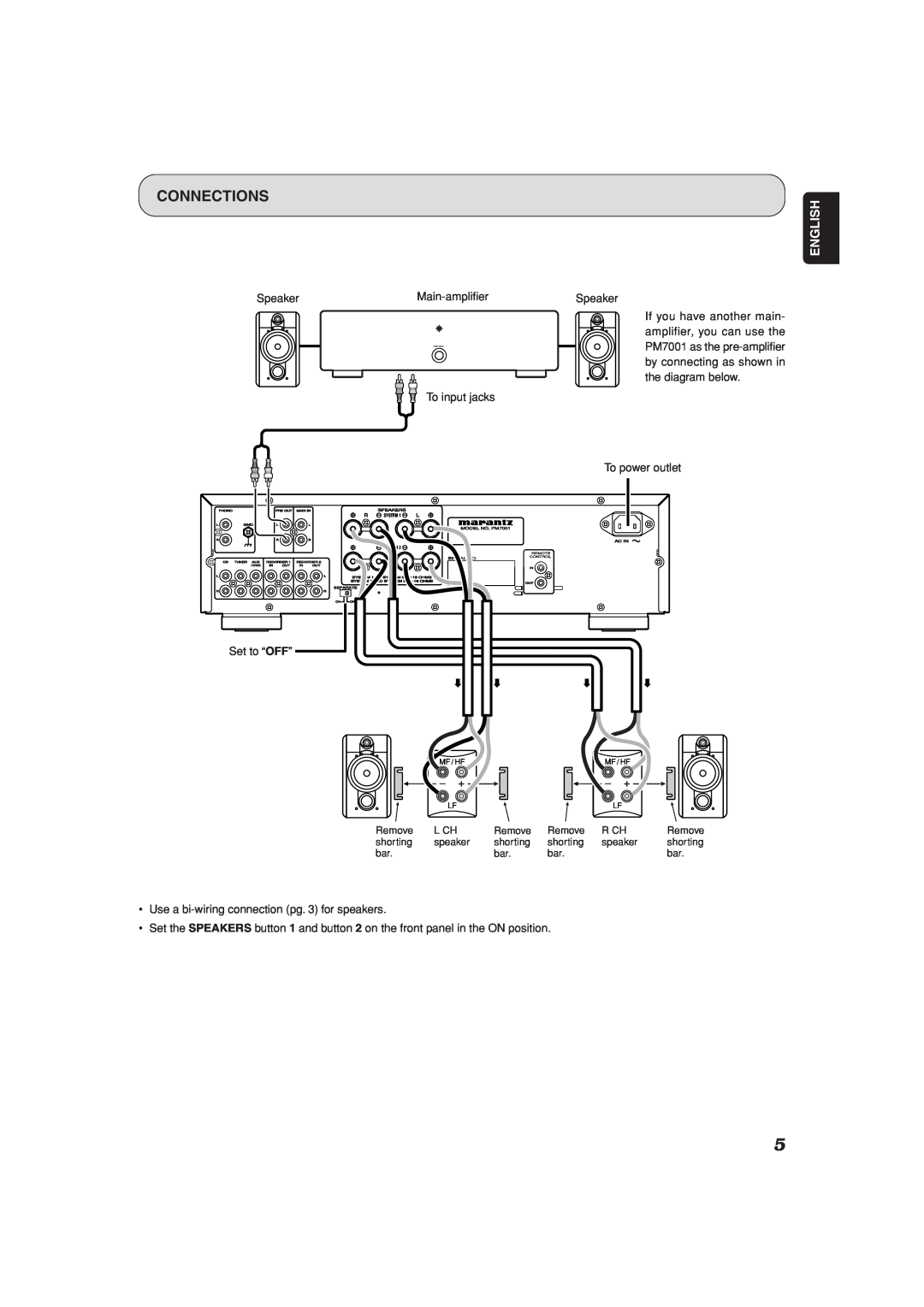 Marantz PM7001 manual Connections, English, Speaker, Main-amplifier, To input jacks, To power outlet, Set to “OFF” 