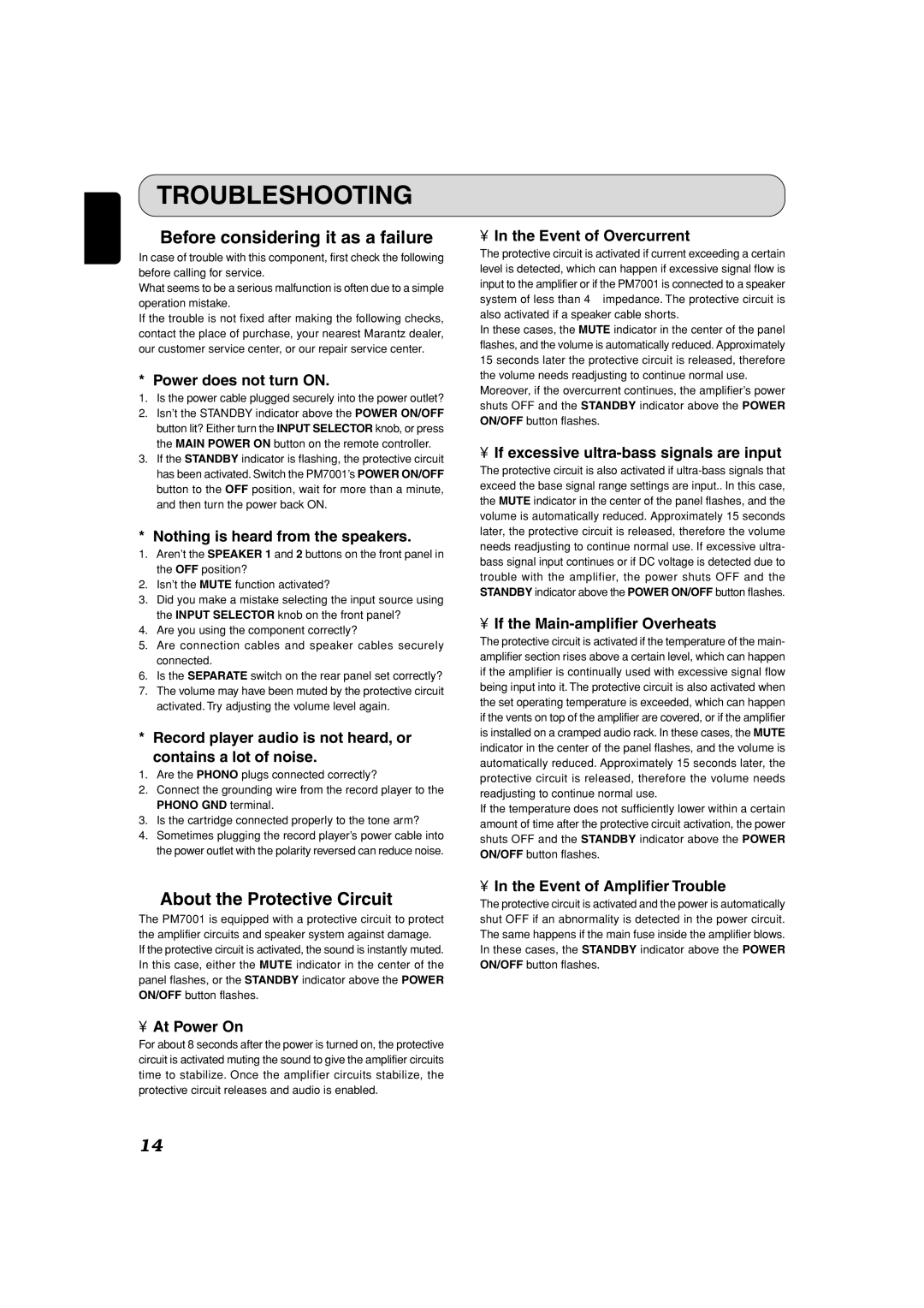 Marantz PM7001KI manual Troubleshooting, Before considering it as a failure, About the Protective Circuit 