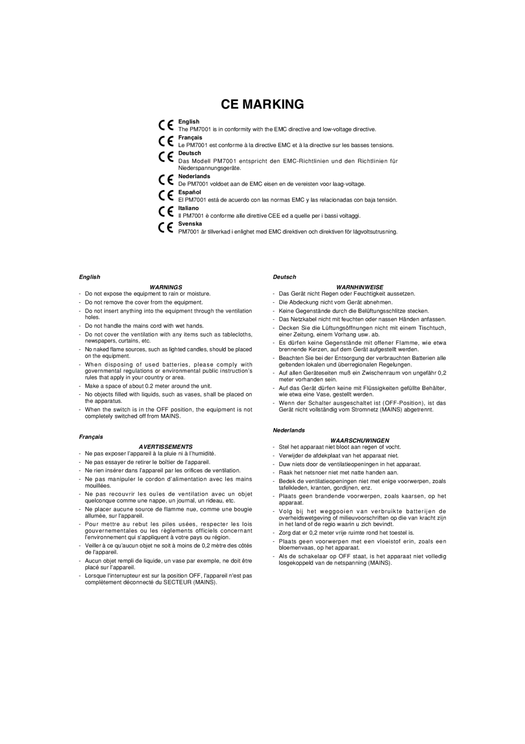 Marantz PM7001KI manual CE Marking 