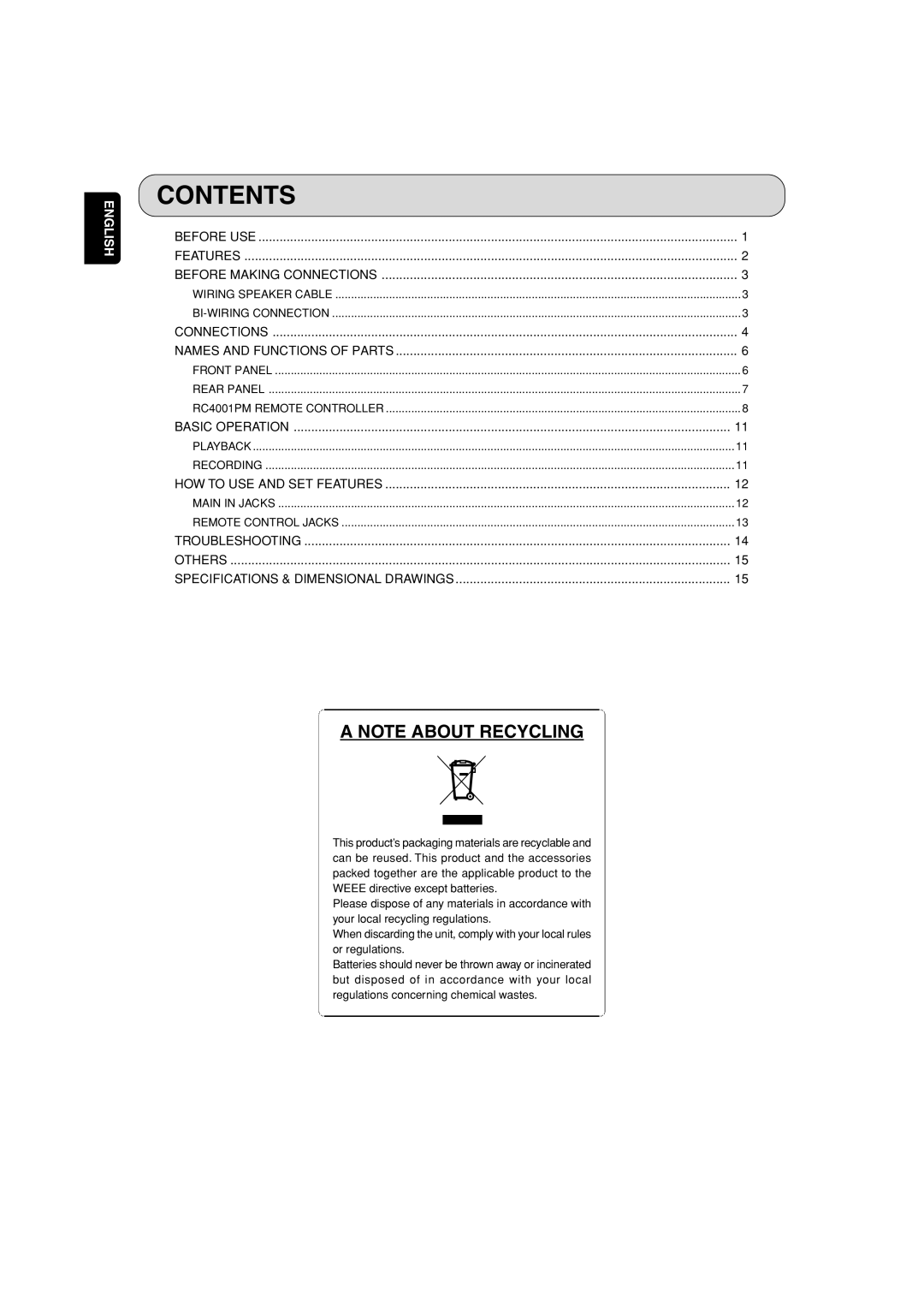 Marantz PM7001KI manual Contents 