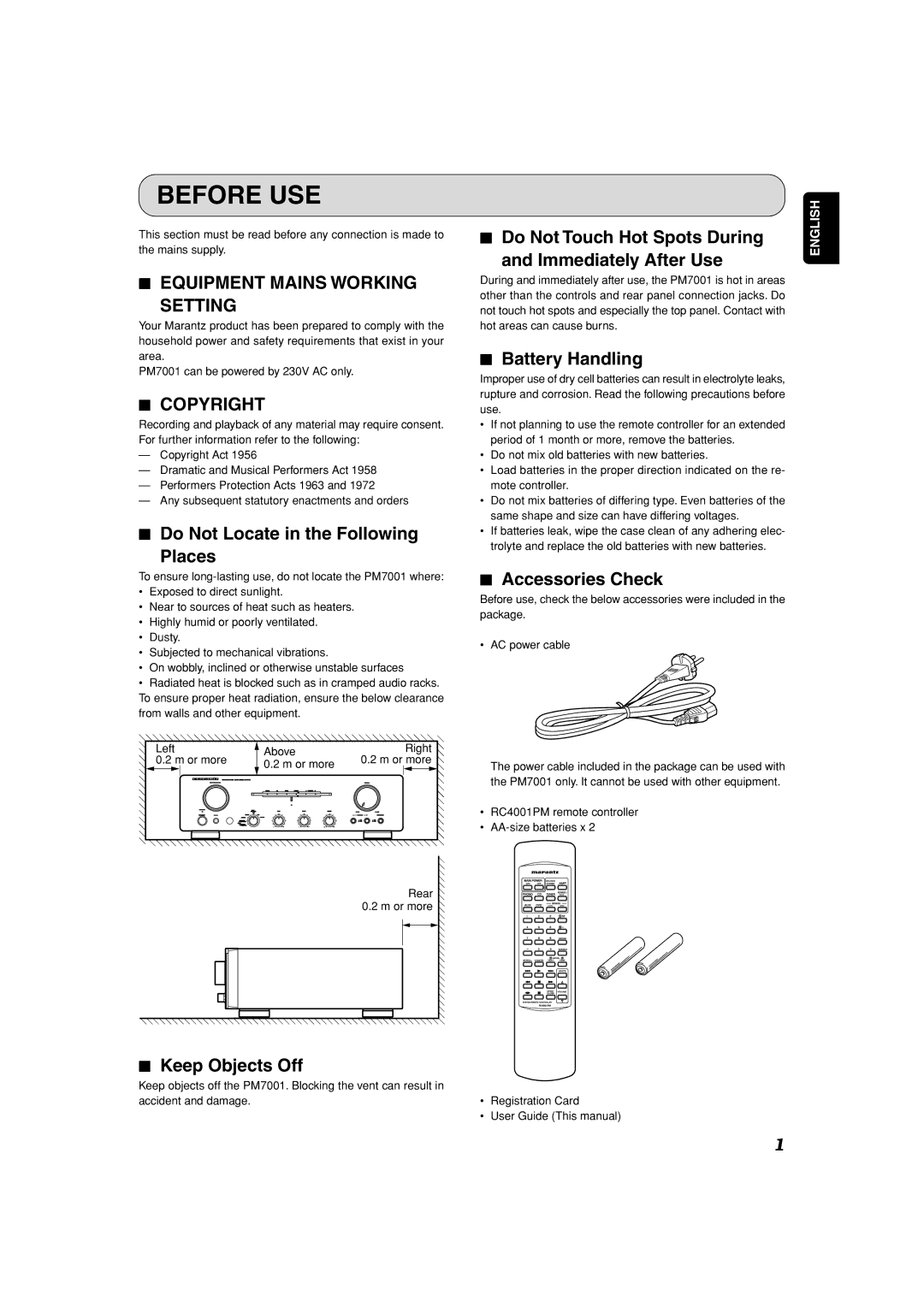 Marantz PM7001KI manual Before USE, Equipment Mains Working Setting, Copyright 