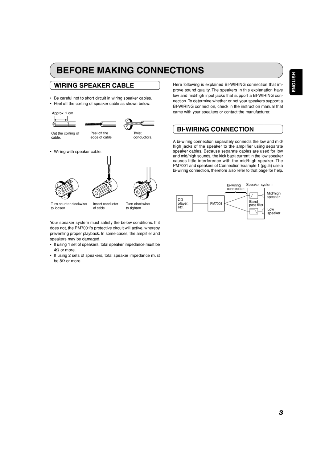 Marantz PM7001KI manual Before Making Connections, Wiring Speaker Cable, BI-WIRING Connection 