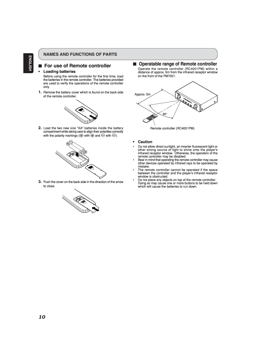 Marantz PM7001KI manual 7For use of Remote controller, 7Operatable range of Remote controller, Loading batteries, •Caution 