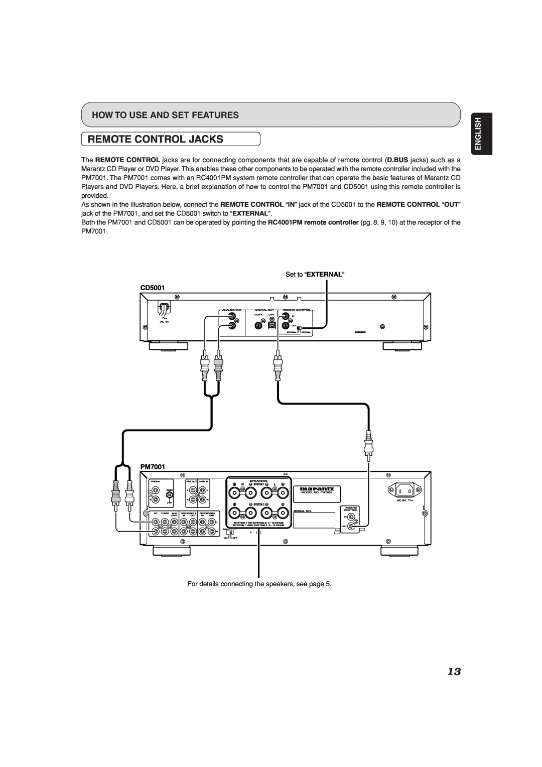 Marantz PM7001KI manual Remote Control Jacks, How To Use And Set Features, English, CD5001 PM7001 