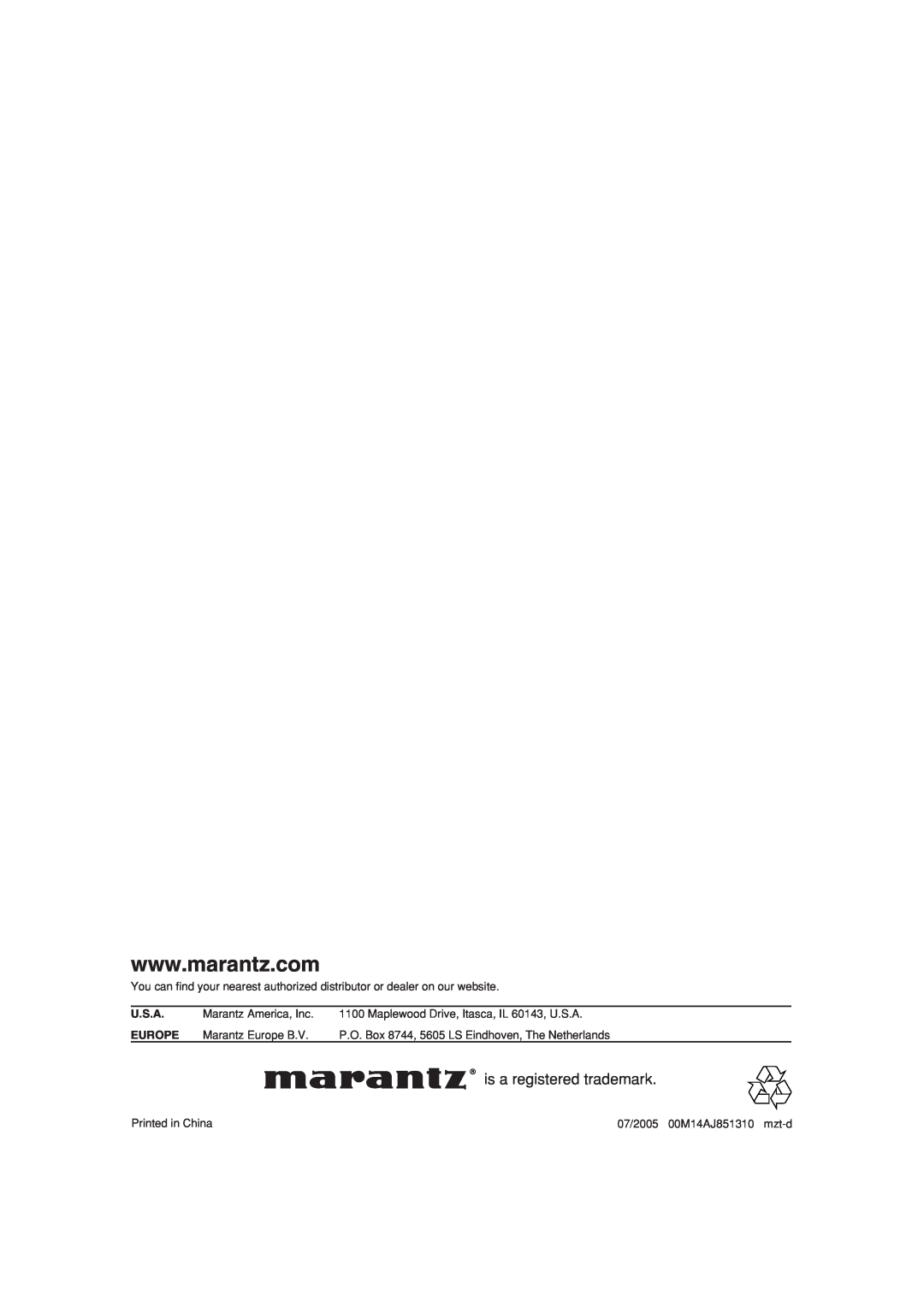 Marantz PM7001KI manual is a registered trademark, U.S.A, Europe 