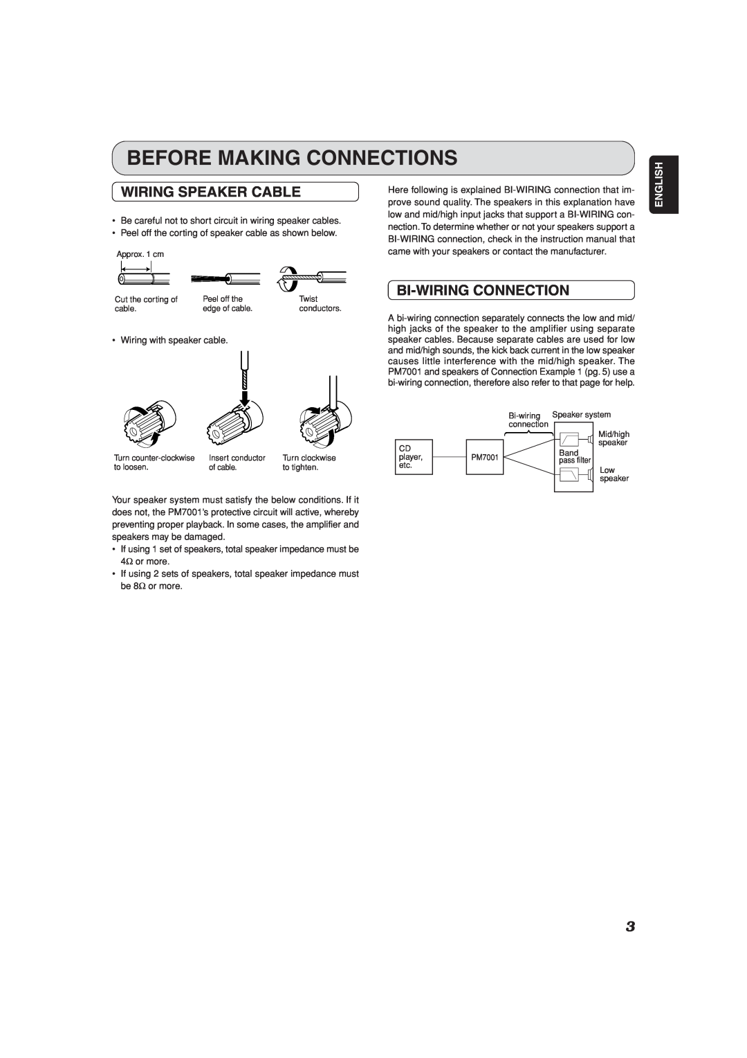 Marantz PM7001KI manual Before Making Connections, Wiring Speaker Cable, Bi-Wiringconnection, English 