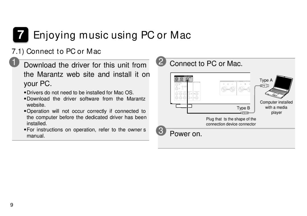 Marantz PM7005 quick start Enjoying music using PC or Mac, Connect to PC or Mac 