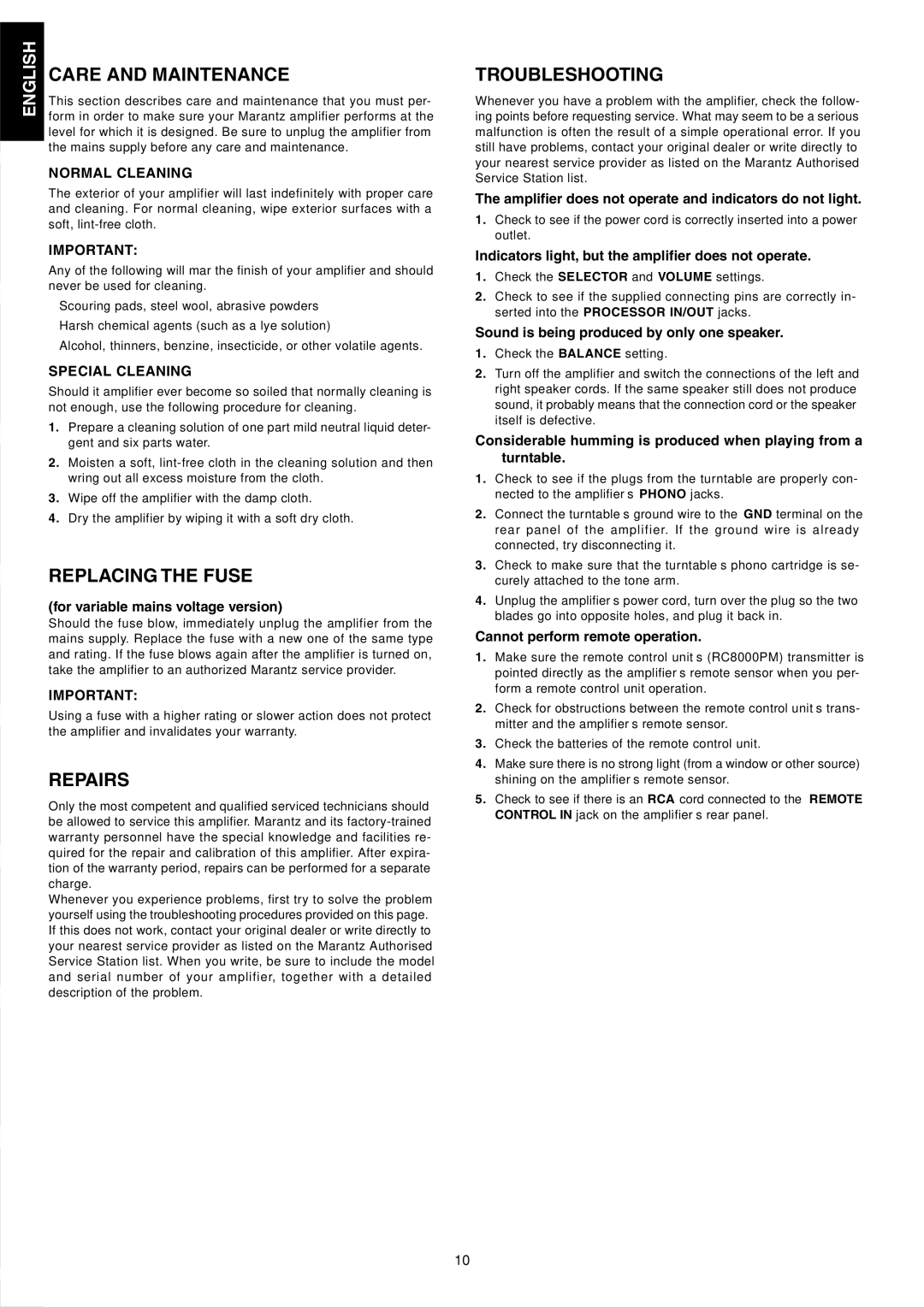 Marantz PM7200 manual Care and Maintenance, Replacing the Fuse, Repairs, Troubleshooting 