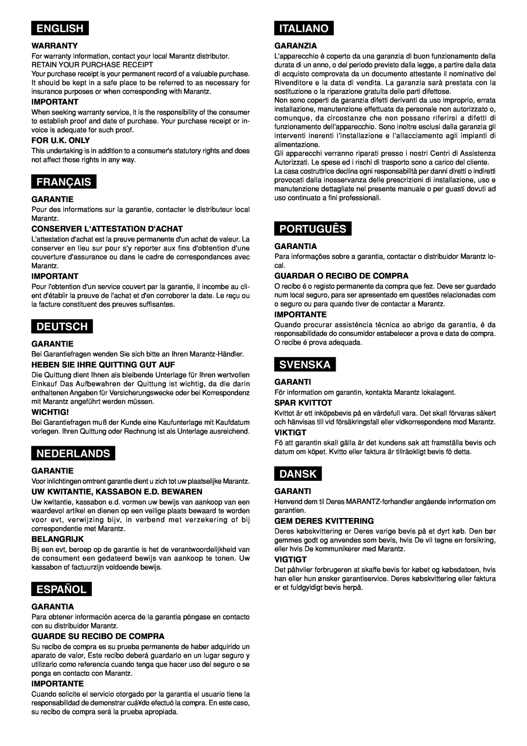 Marantz PM7200 manual English, Français, Deutsch, Nederlands, Español, Italiano, Português, Svenska, Dansk 