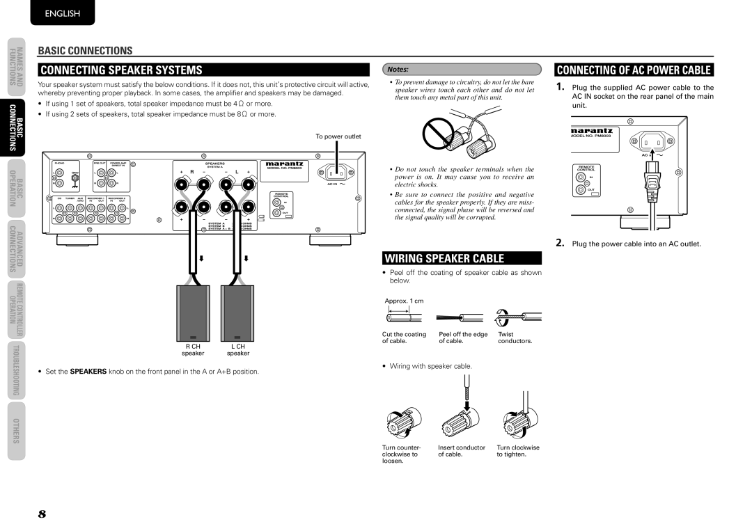 Marantz PM8003 manual CoNNectiNg speaKer sYstems, WiriNg speaKer caBle, CoNNectiNg oF ac poWer caBle 