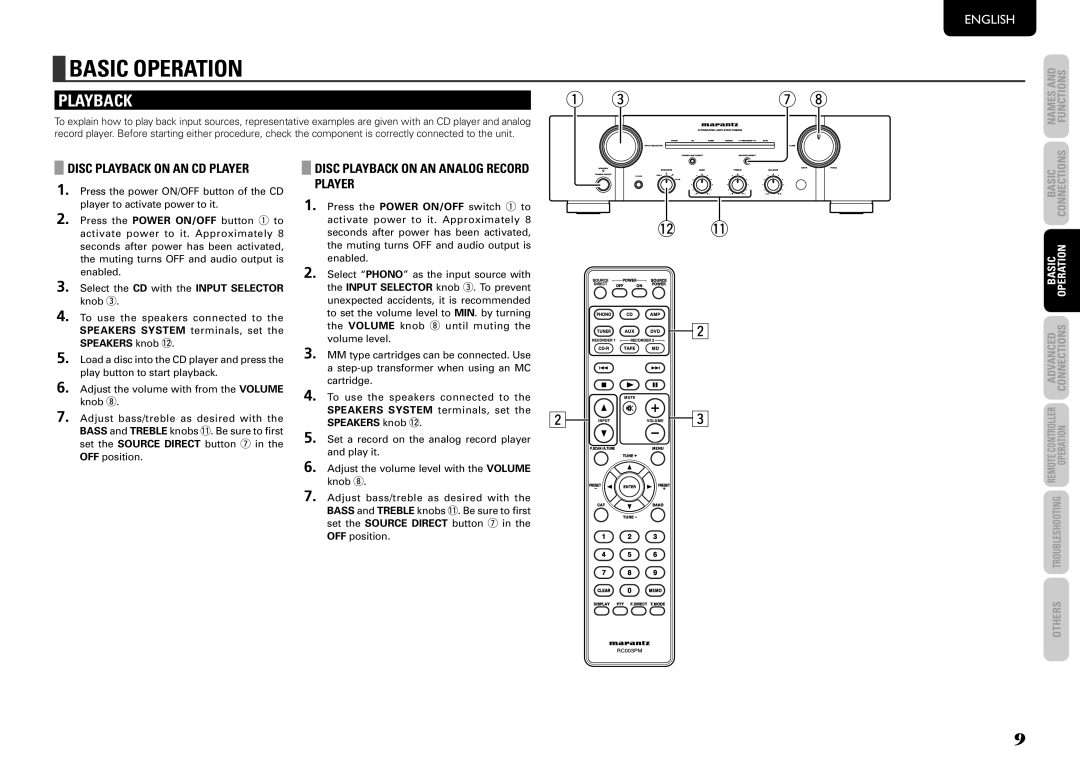 Marantz PM8003 manual Basic operatioN, PlaYBacK, Disc plaYBacK oN aN cd plaYer, Disc plaYBacK oN aN aNalog record plaYer 