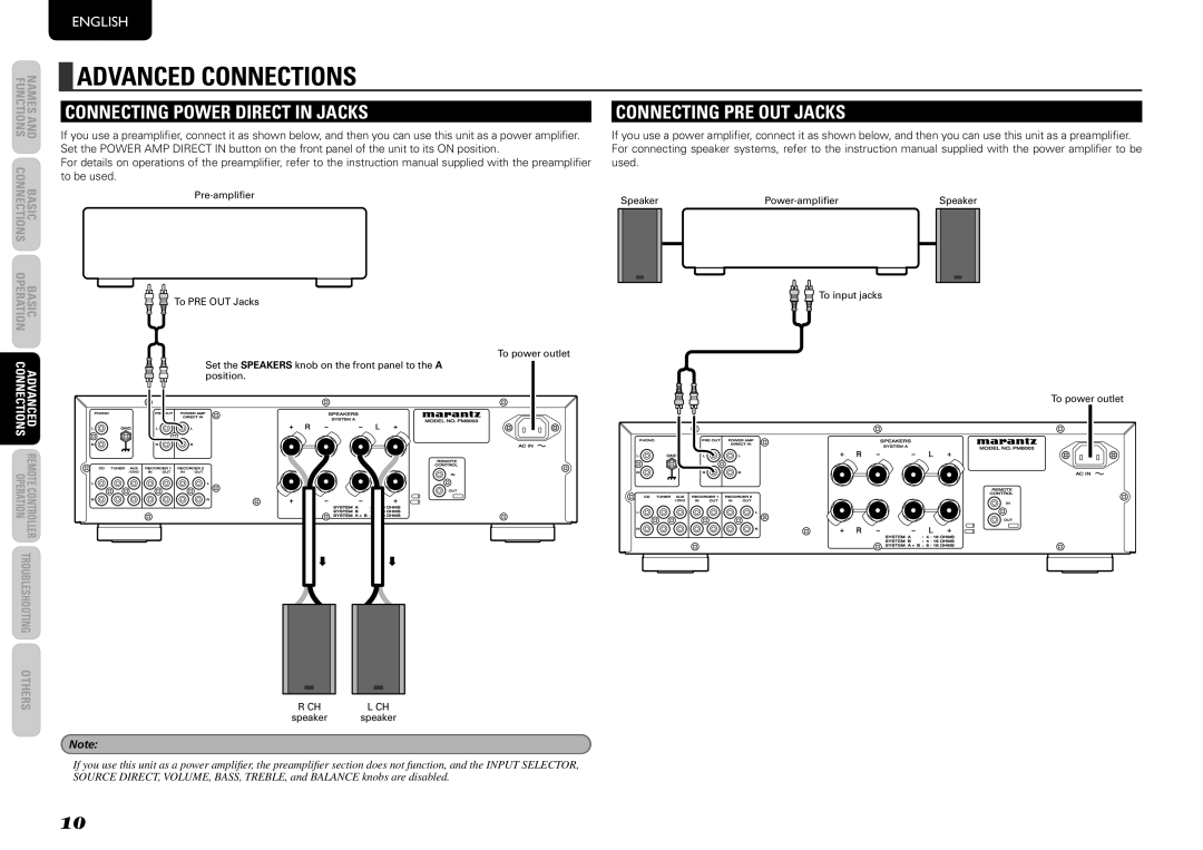 Marantz PM8003 manual AdVaNced coNNectioNs, CoNNectiNg poWer direct iN JacKs, CoNNectiNg pre out JacKs 