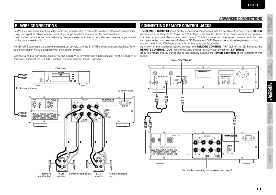 Marantz PM8003 manual Bi-Wire coNNectioNs, CoNNectiNg remote coNtrol JacKs 