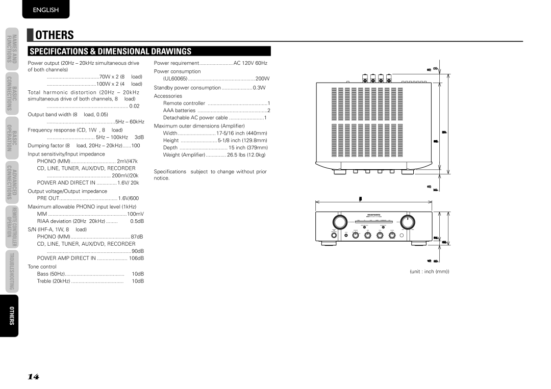 Marantz PM8003 manual Others, SpeciFicatioNs & dimeNsioNal draWiNgs 