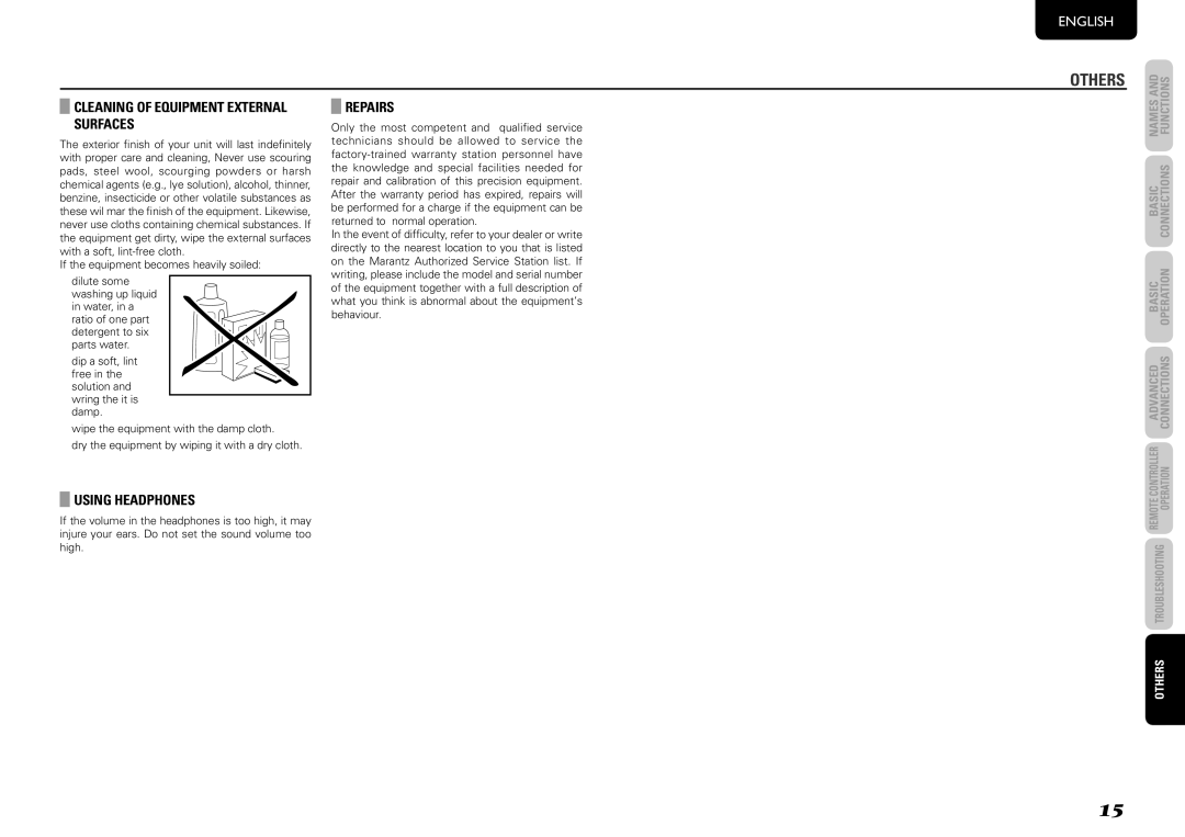 Marantz PM8003 manual CleaNiNg oF eQuipmeNt eXterNal surFaces, Repairs, UsiNg headphoNes 