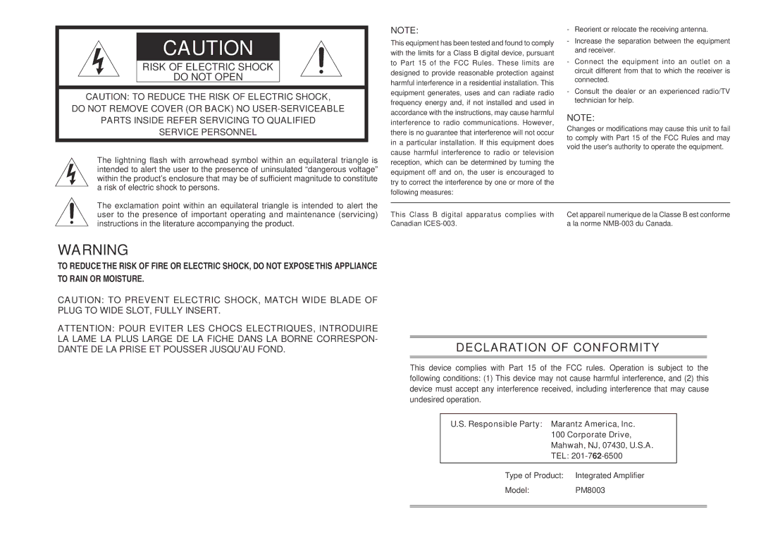 Marantz PM8003 manual Declaration of Conformity 