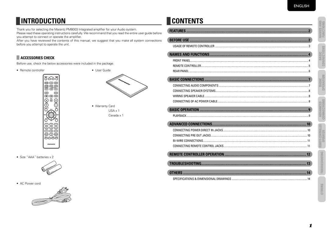 Marantz PM8003 manual INtroductioN, CoNteNts 