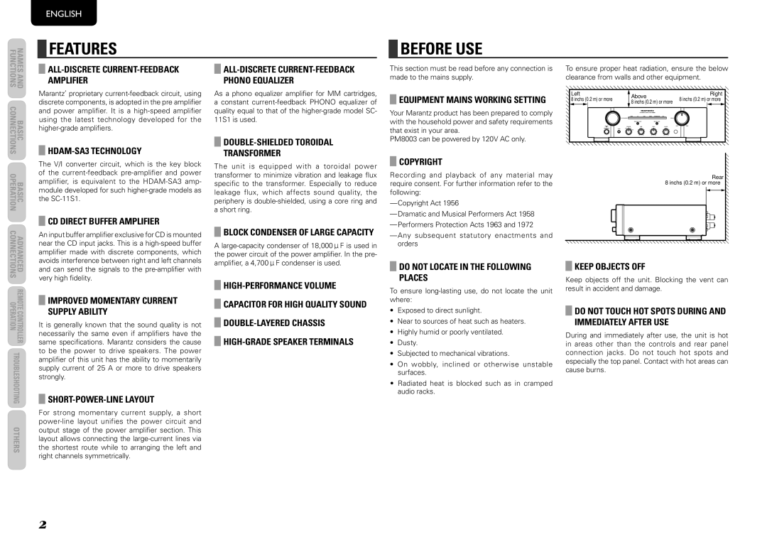 Marantz PM8003 manual Features BeFore use 