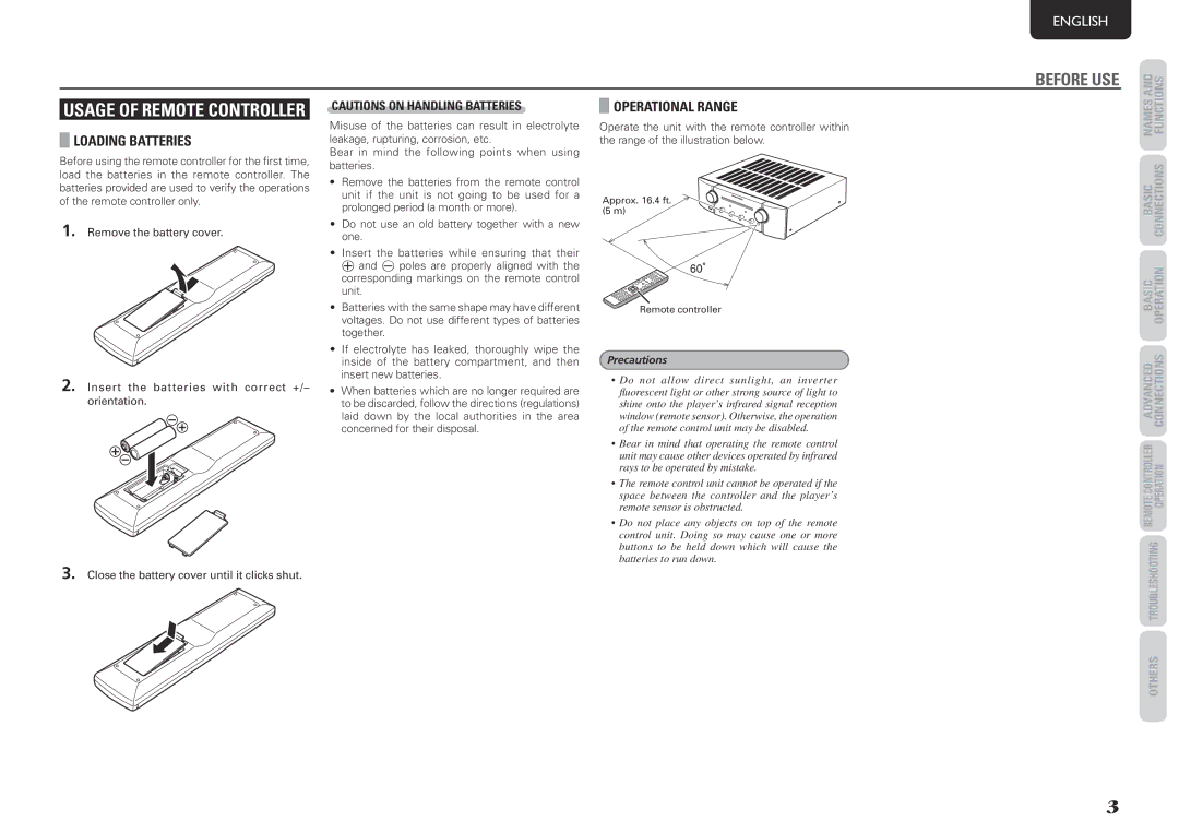 Marantz PM8003 manual Usage oF remote coNtroller, LoadiNg Batteries, OperatioNal raNge 