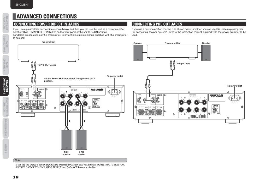 Marantz PM8003 manual adVaNced coNNectioNs, coNNectiNg poWer direct iN JacKs, coNNectiNg pre out JacKs, English 