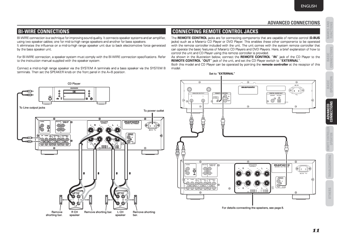 Marantz PM8003 manual Bi-WirecoNNectioNs, coNNectiNg remote coNtrol JacKs, adVaNced coNNectioNs, English 