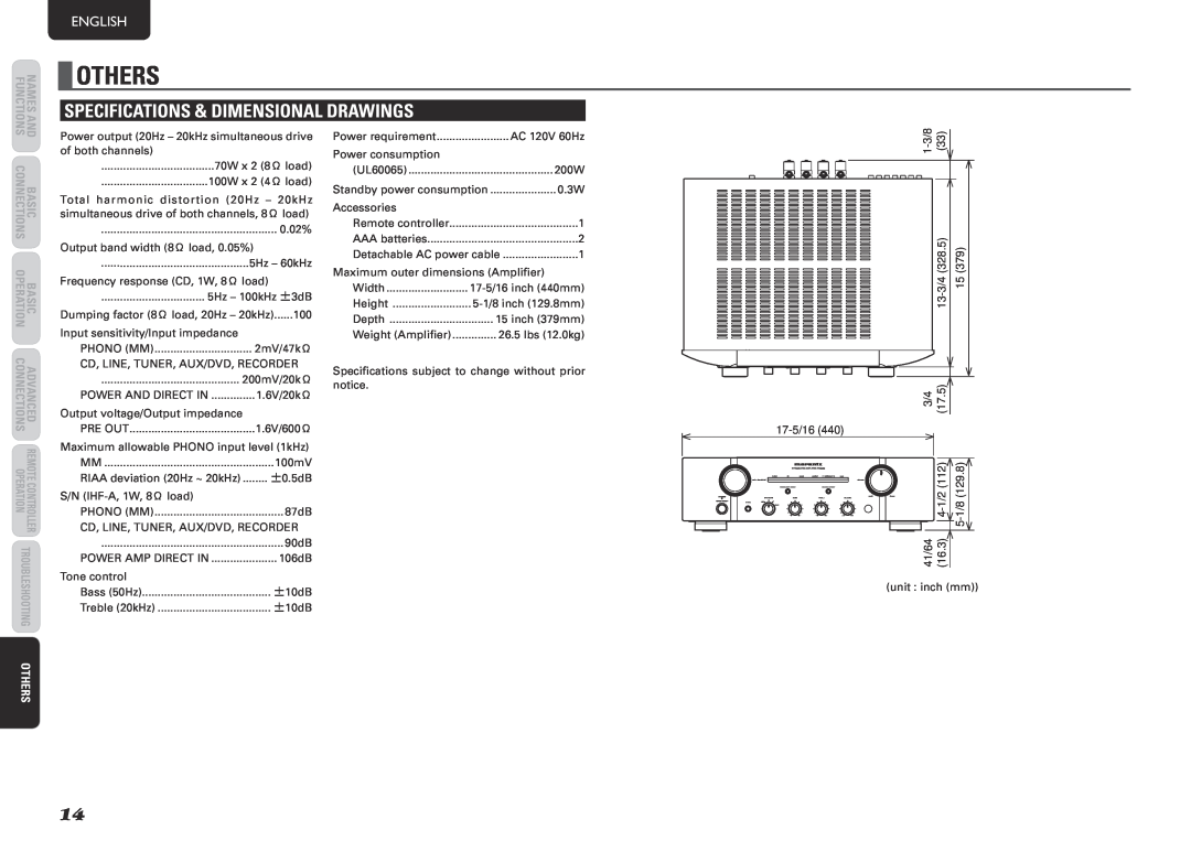 Marantz PM8003 manual others, speciFicatioNs & dimeNsioNal draWiNgs, English 