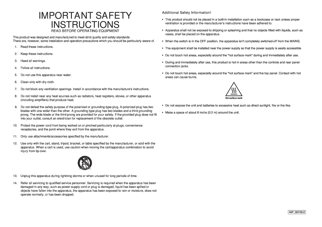 Marantz PM8003 manual Important Safety Instructions, Read Before Operating Equipment, Additional Safety Information 