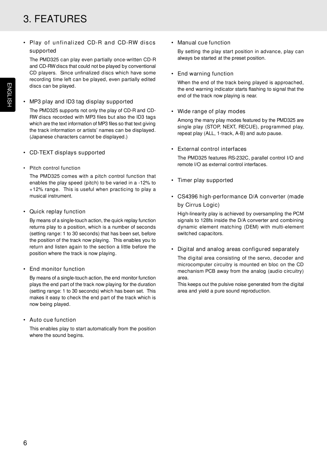 Marantz PMD325 manual Features 