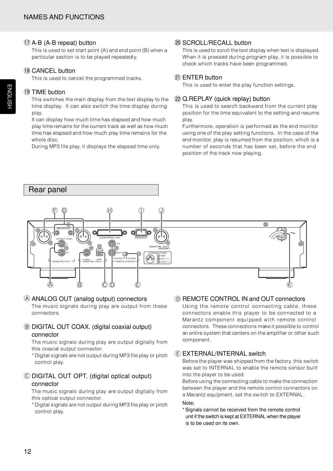 Marantz PMD325 manual Rear panel, A-B repeat button 