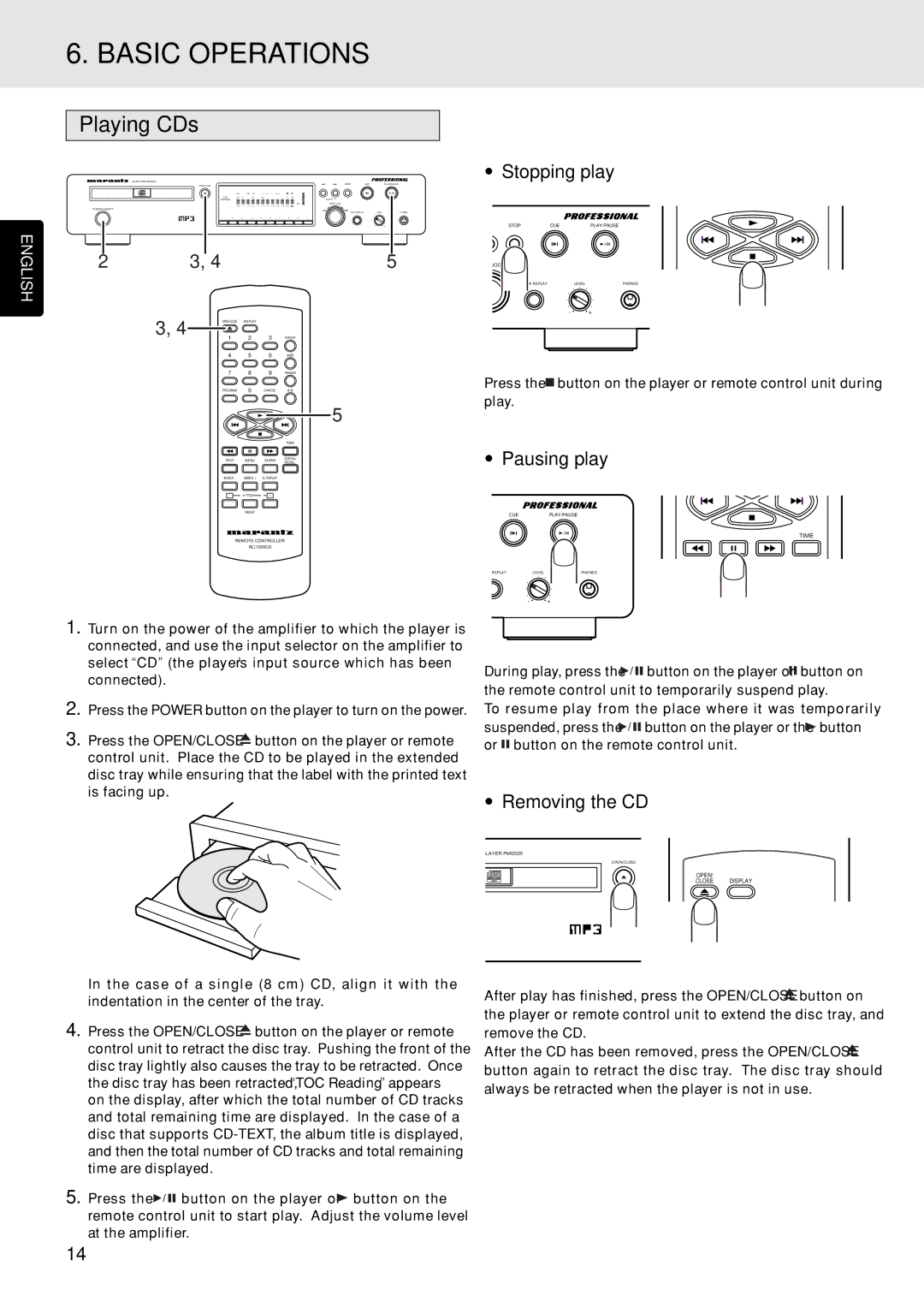 Marantz PMD325 manual Basic Operations, Playing CDs, Stopping play, Pausing play, Removing the CD 