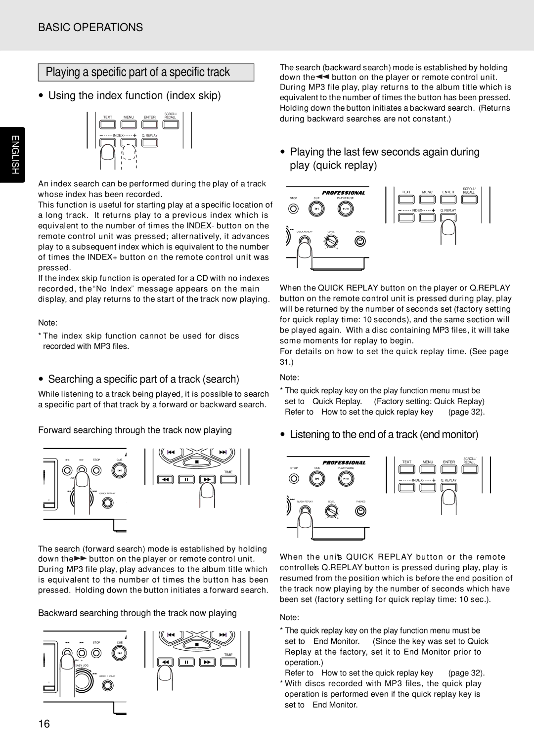 Marantz PMD325 manual Using the index function index skip, Searching a specific part of a track search 