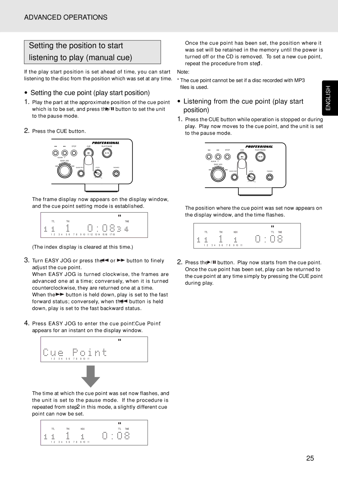 Marantz PMD325 Setting the position to start Listening to play manual cue, Setting the cue point play start position 