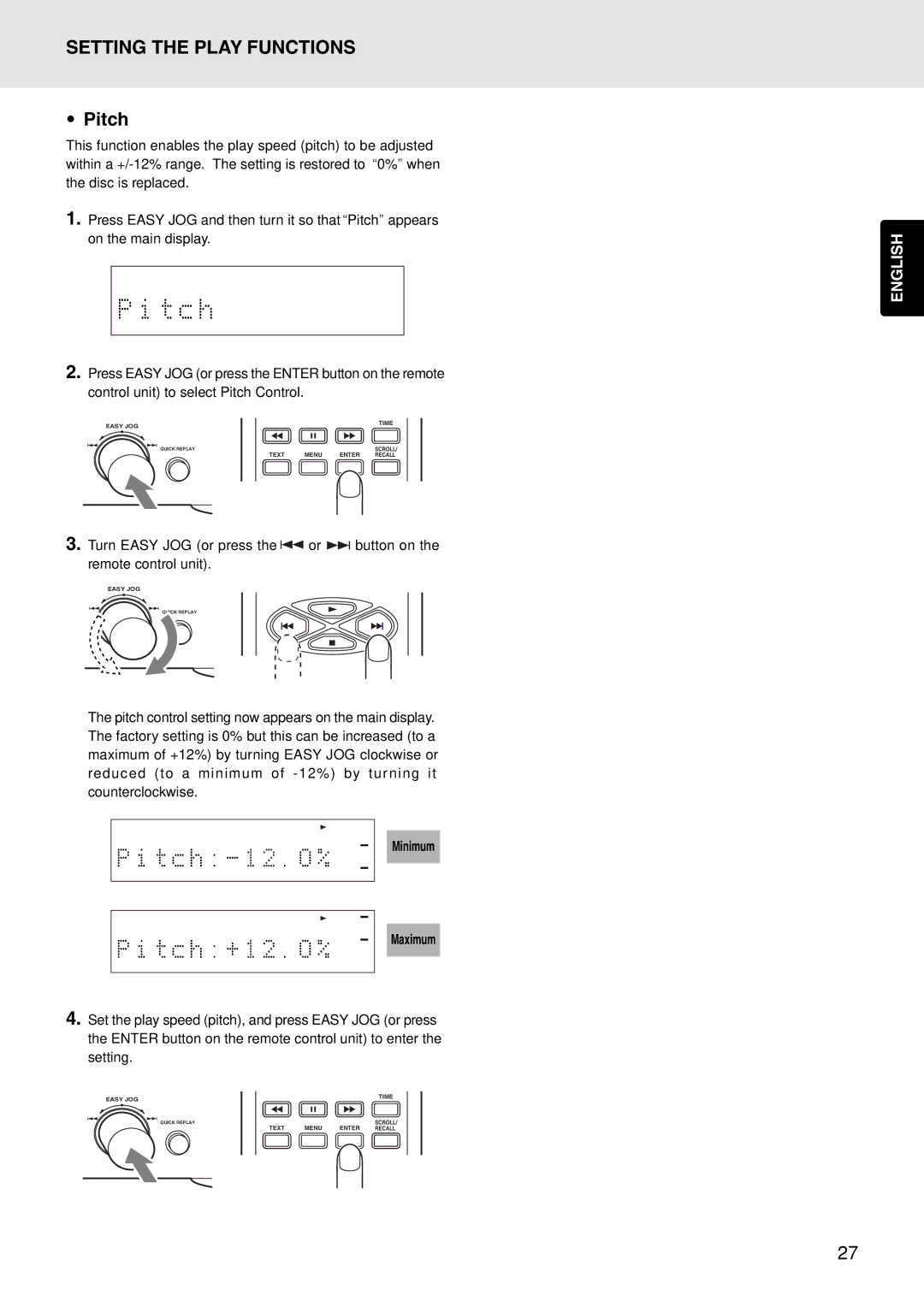 Marantz PMD325 manual Pitch, Minimum Maximum 