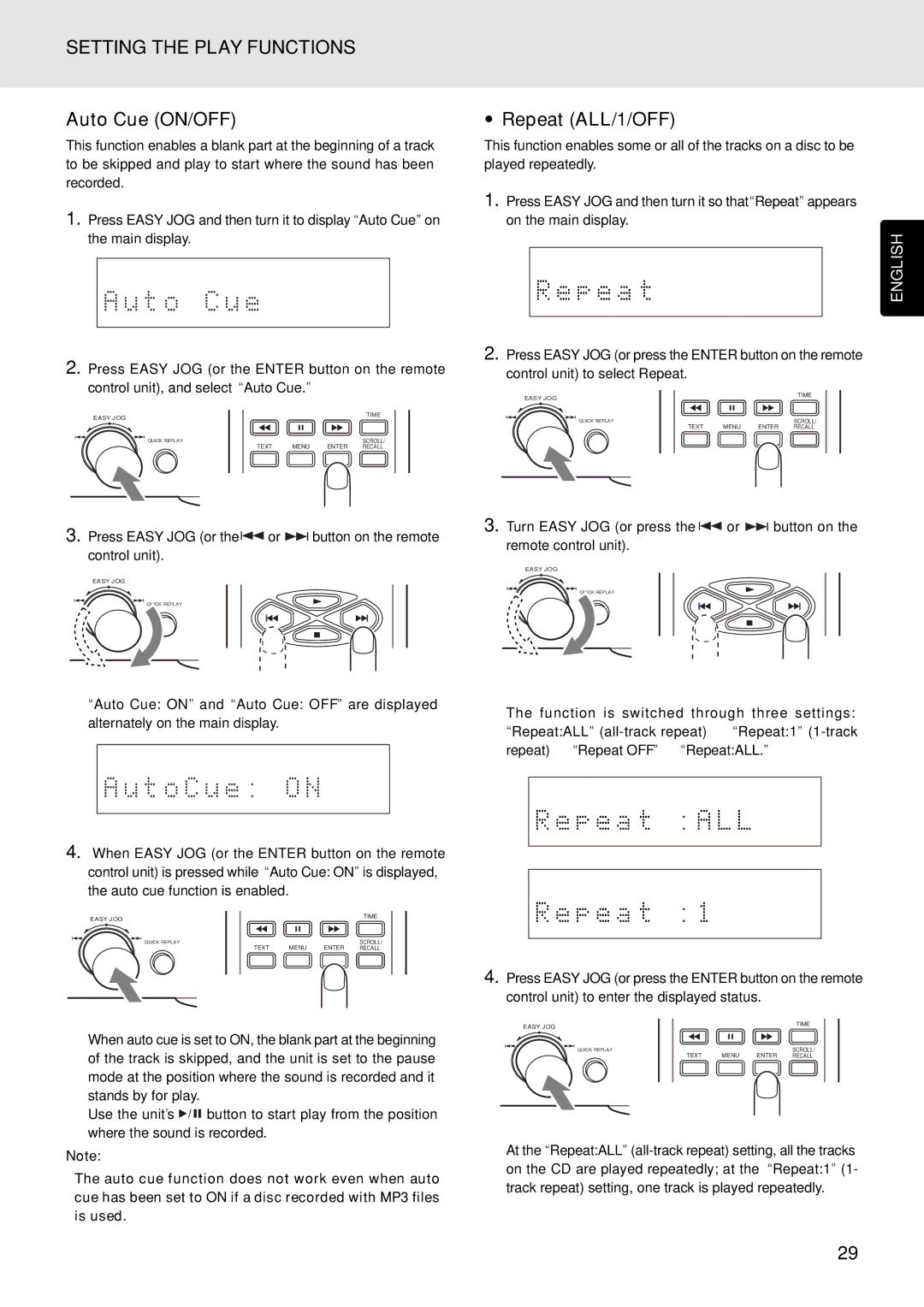 Marantz PMD325 manual Auto Cue ON/OFF, Repeat ALL/1/OFF 