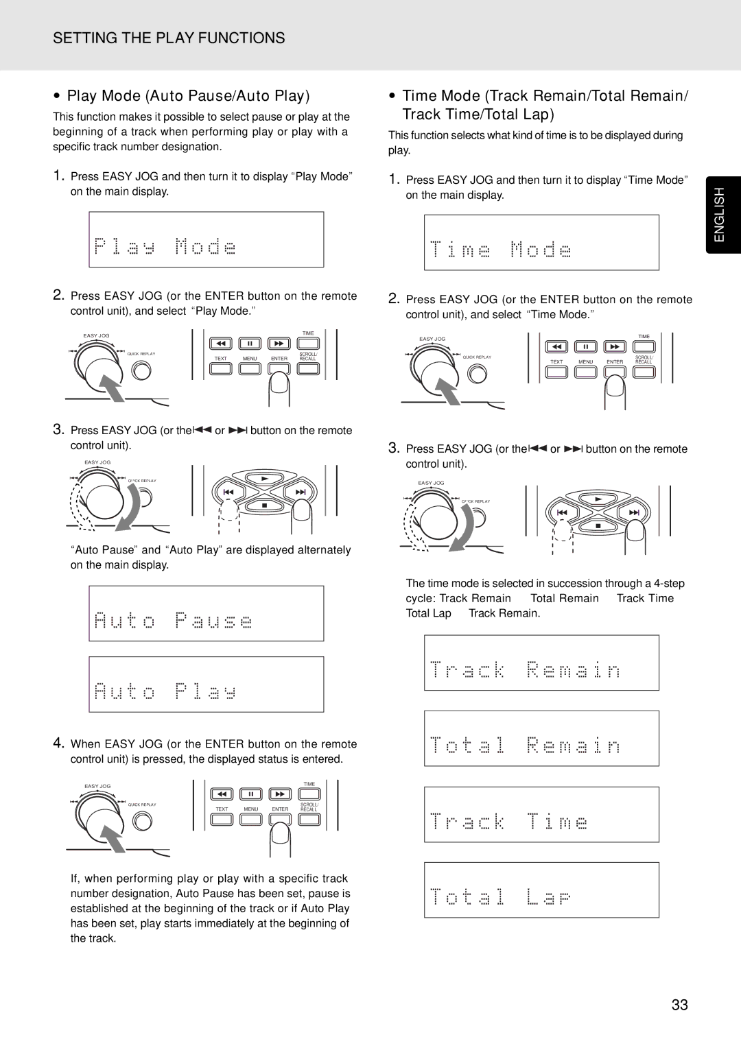 Marantz PMD325 manual Play Mode Auto Pause/Auto Play, Time Mode Track Remain/Total Remain/ Track Time/Total Lap 