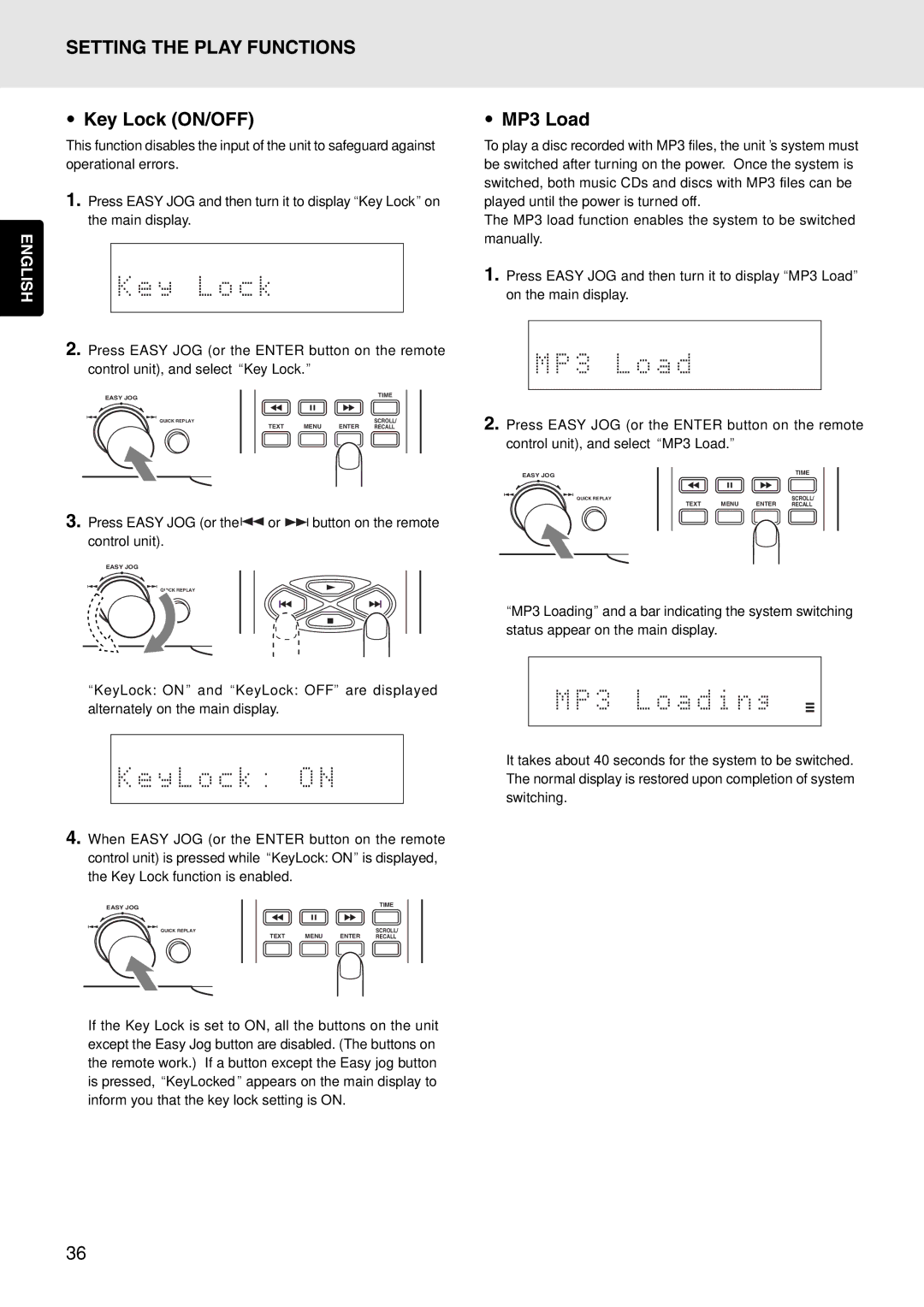 Marantz PMD325 manual Key Lock ON/OFF, MP3 Load 