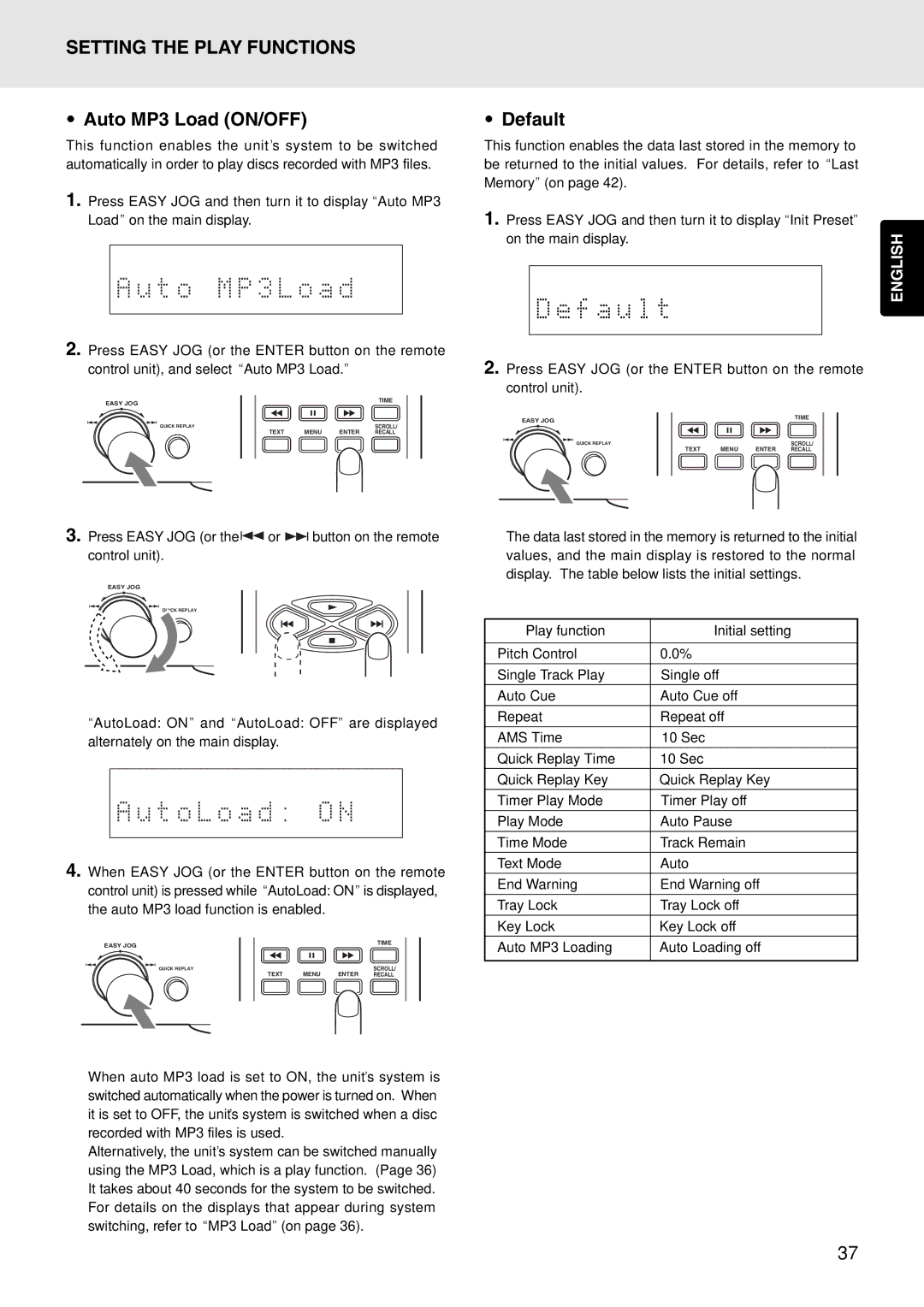 Marantz PMD325 manual Auto MP3 Load ON/OFF, Default 