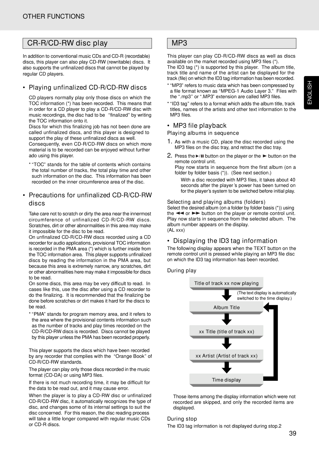 Marantz PMD325 CR-R/CD-RW disc play, Playing unfinalized CD-R/CD-RW discs, Precautions for unfinalized CD-R/CD-RW discs 