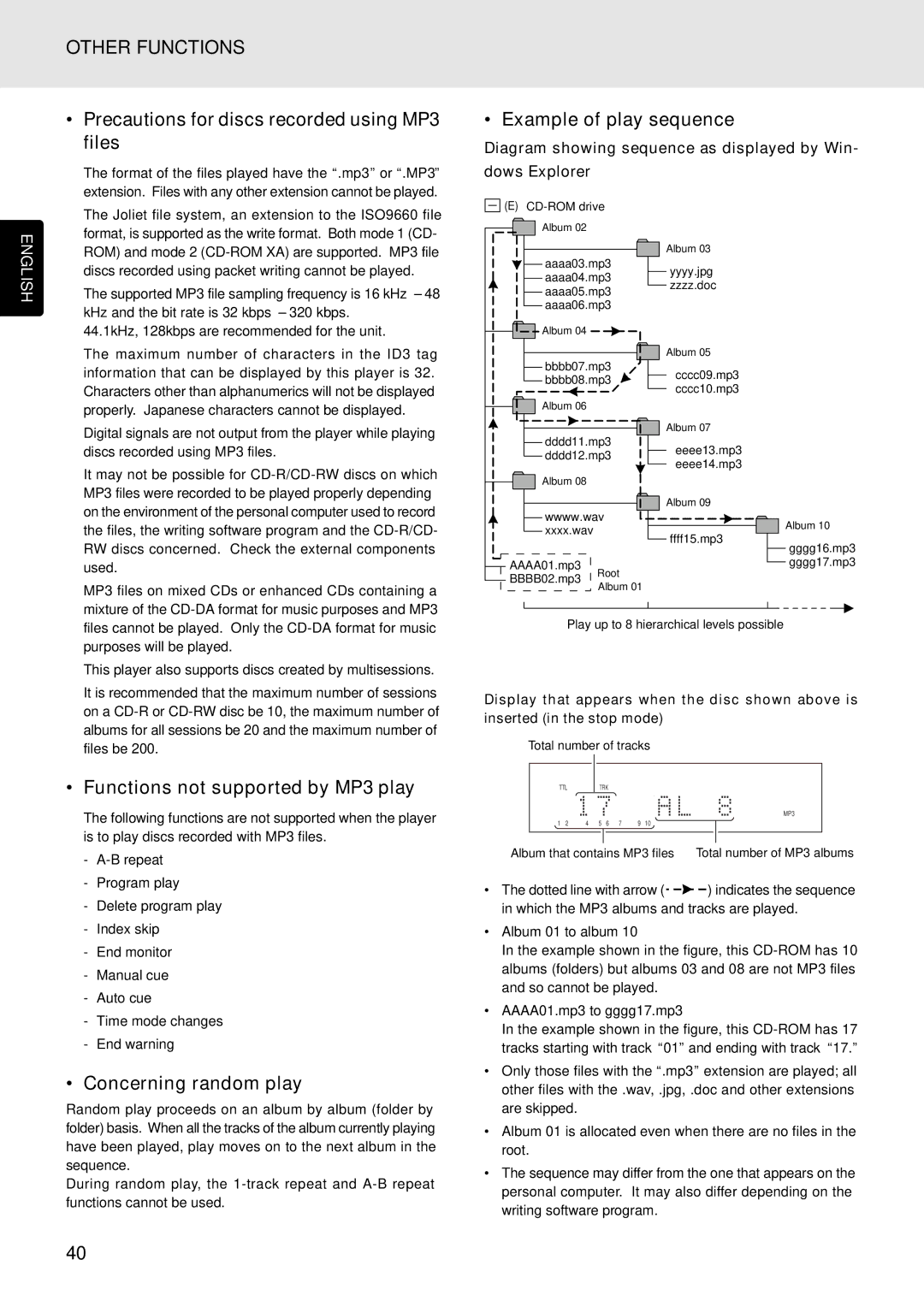 Marantz PMD325 Functions not supported by MP3 play, Concerning random play, Diagram showing sequence as displayed by Win 