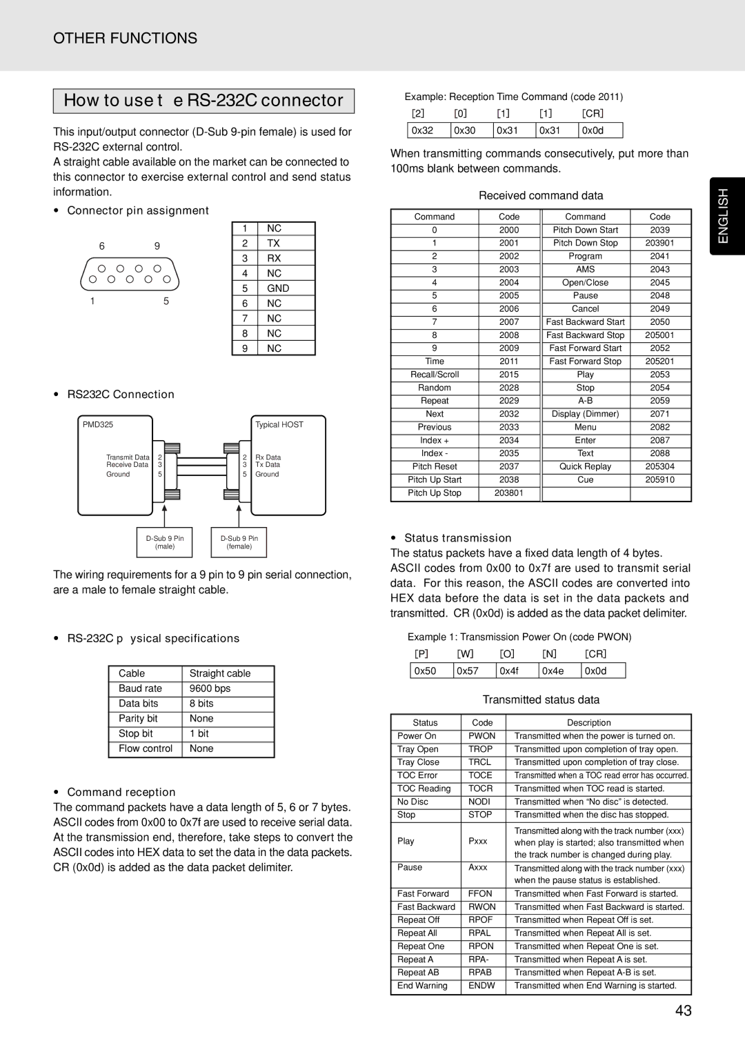 Marantz PMD325 manual How to use the RS-232C connector 