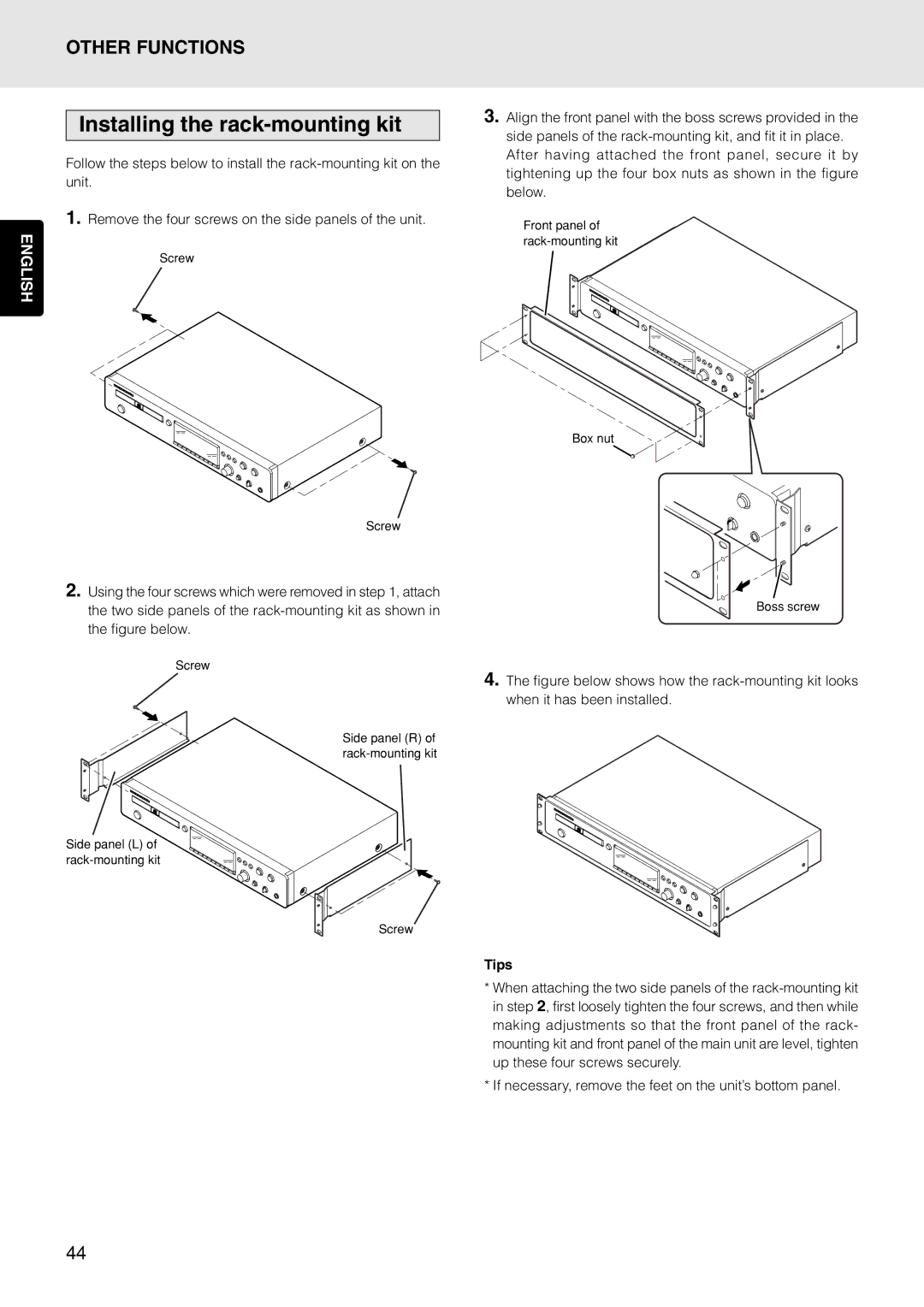 Marantz PMD325 manual Installing the rack-mounting kit, Tips 