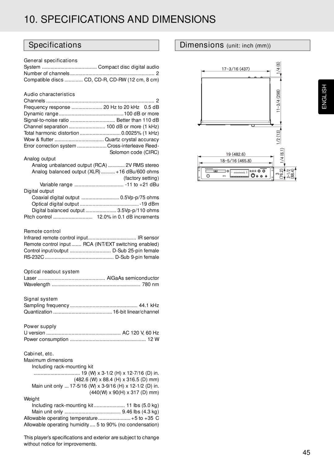 Marantz PMD325 manual Specifications and Dimensions, Dimensions unit inch mm 