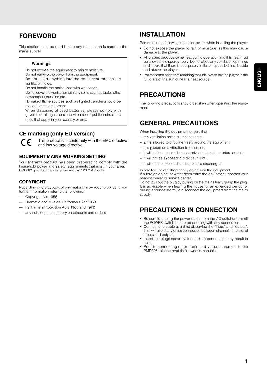 Marantz PMD325 manual Foreword, CE marking only EU version 