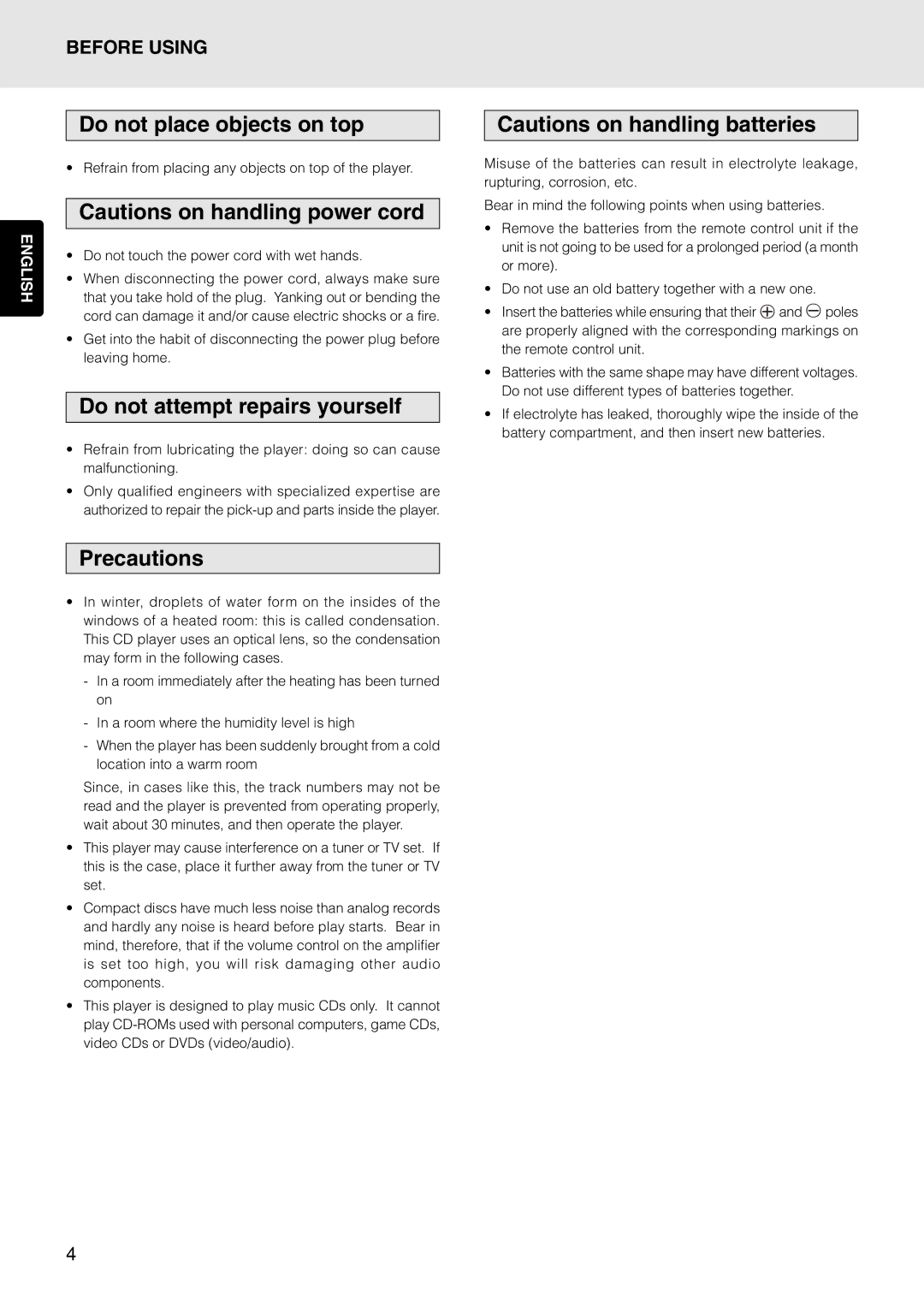 Marantz PMD325 manual Do not place objects on top, Do not attempt repairs yourself, Precautions 