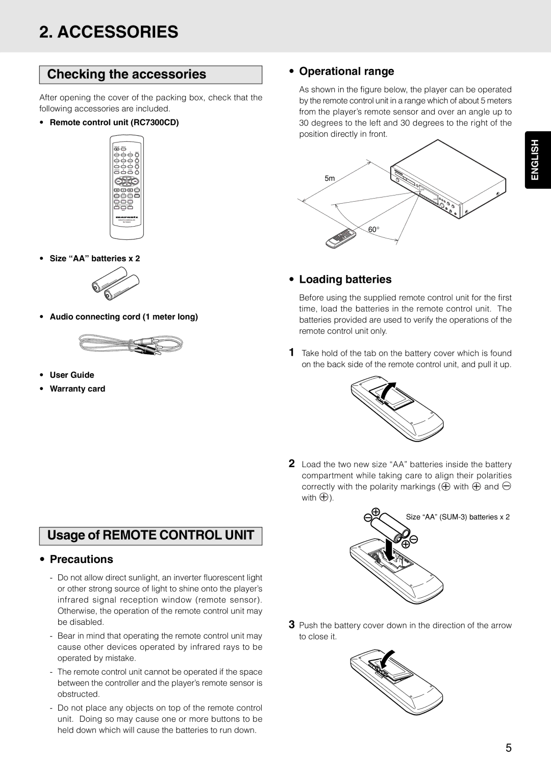 Marantz PMD325 manual Accessories, Checking the accessories, Usage of Remote Control Unit 