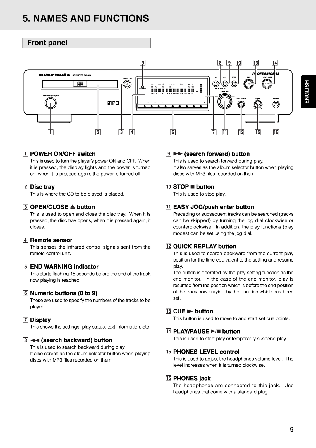 Marantz PMD325 manual Names And Functions, Front panel 
