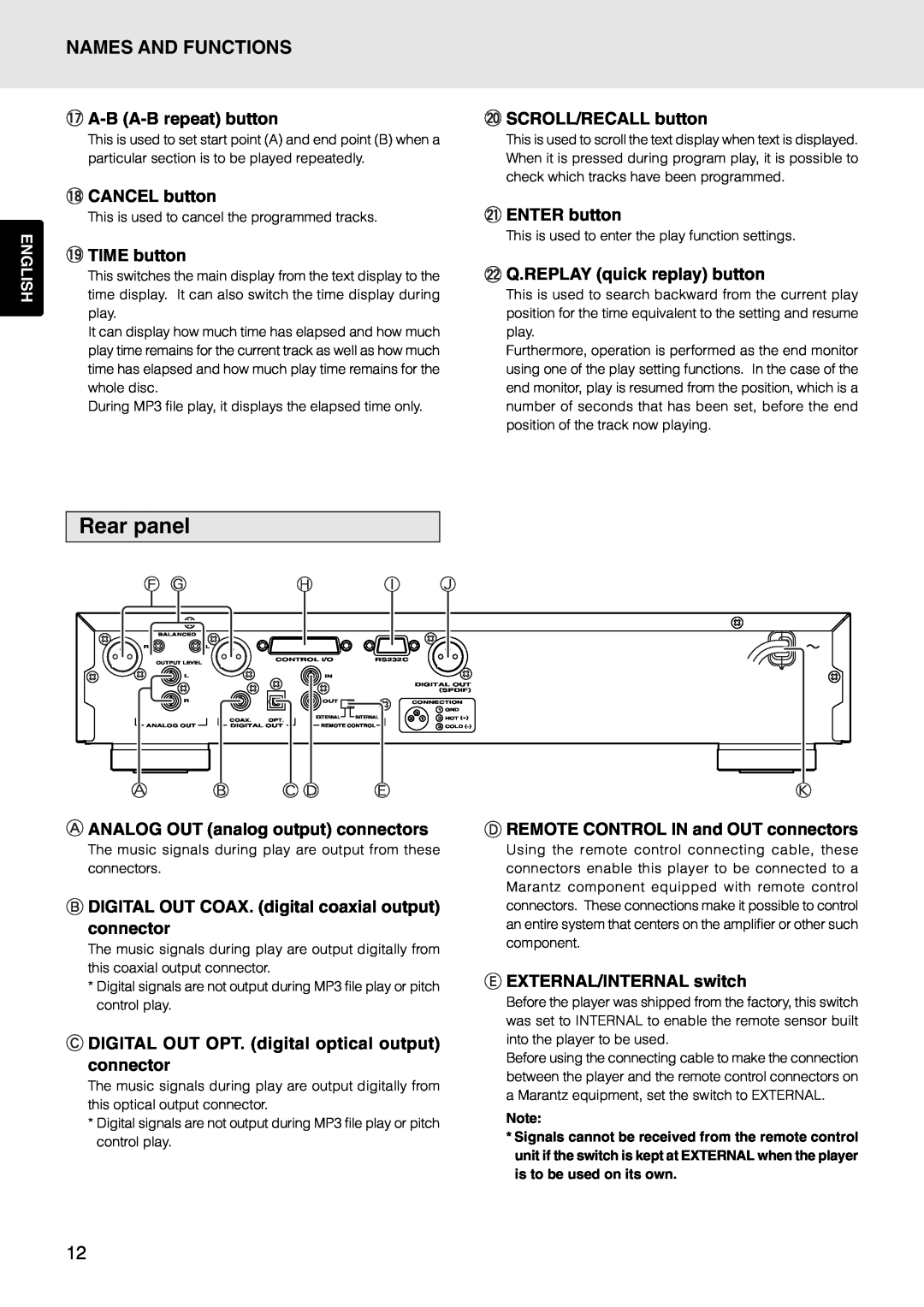 Marantz PMD325 manual Rear panel, Names And Functions 