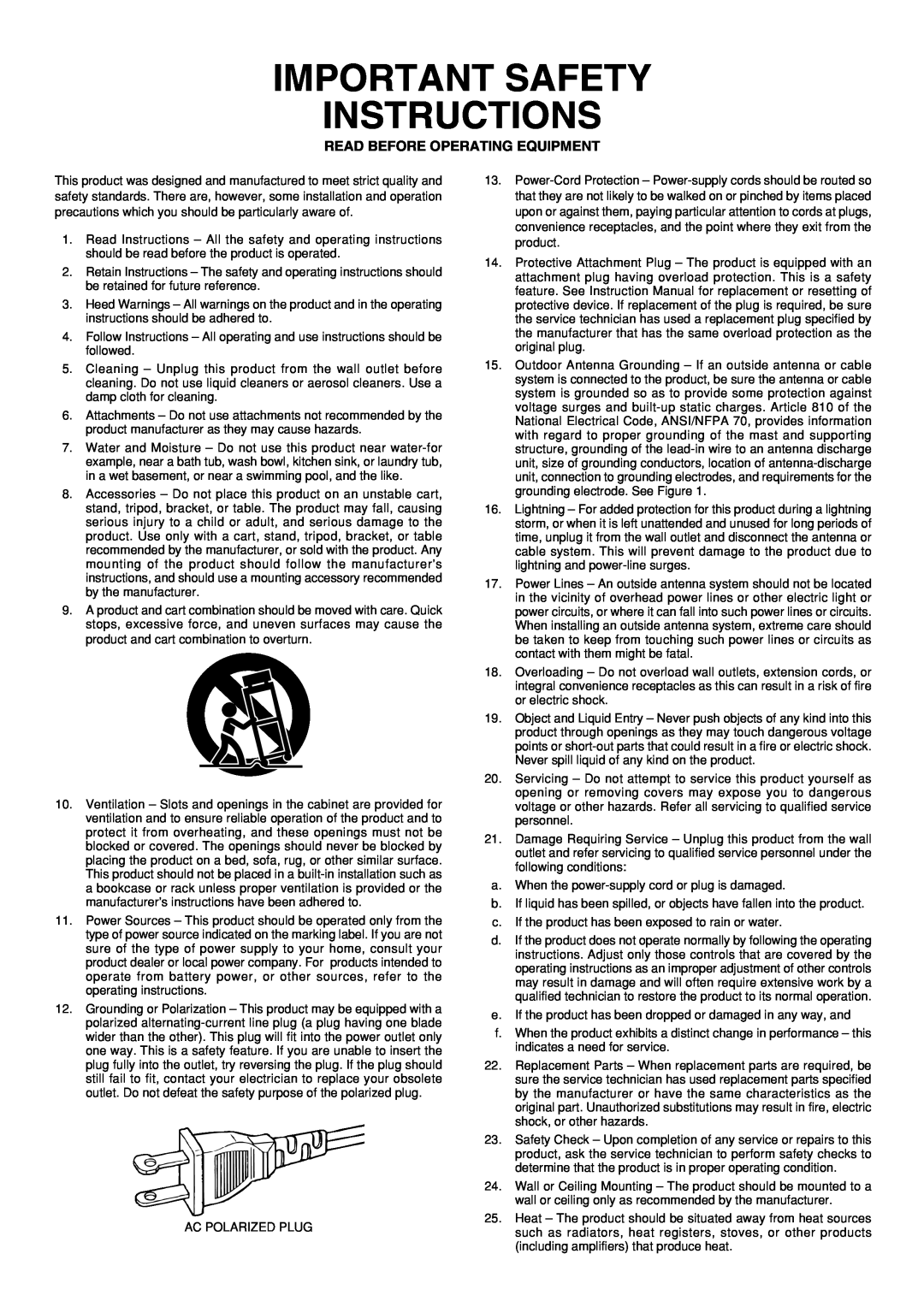 Marantz PMD325 manual Important Safety Instructions, Read Before Operating Equipment 