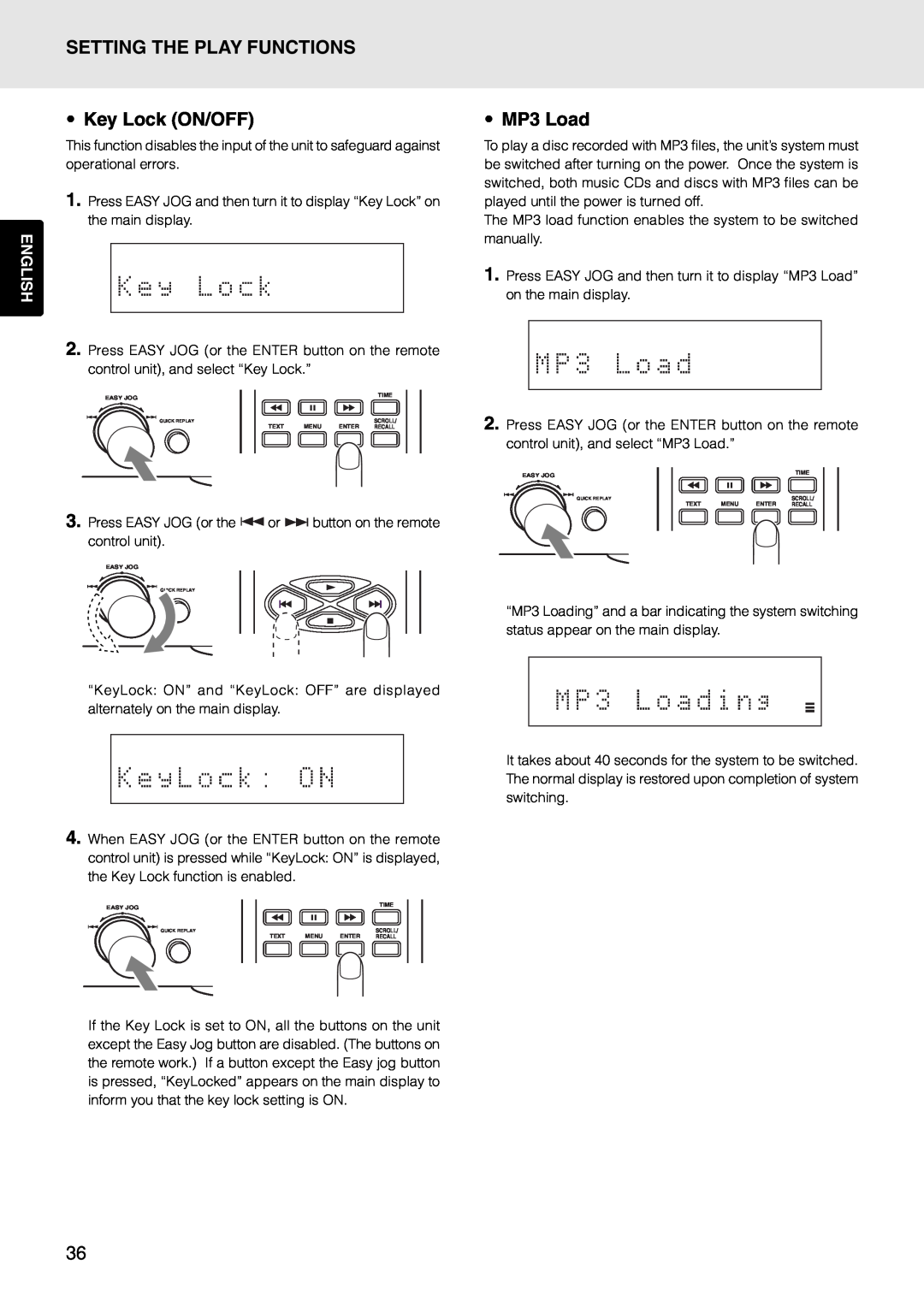 Marantz PMD325 manual SETTING THE PLAY FUNCTIONS •Key Lock ON/OFF, •MP3 Load, English 